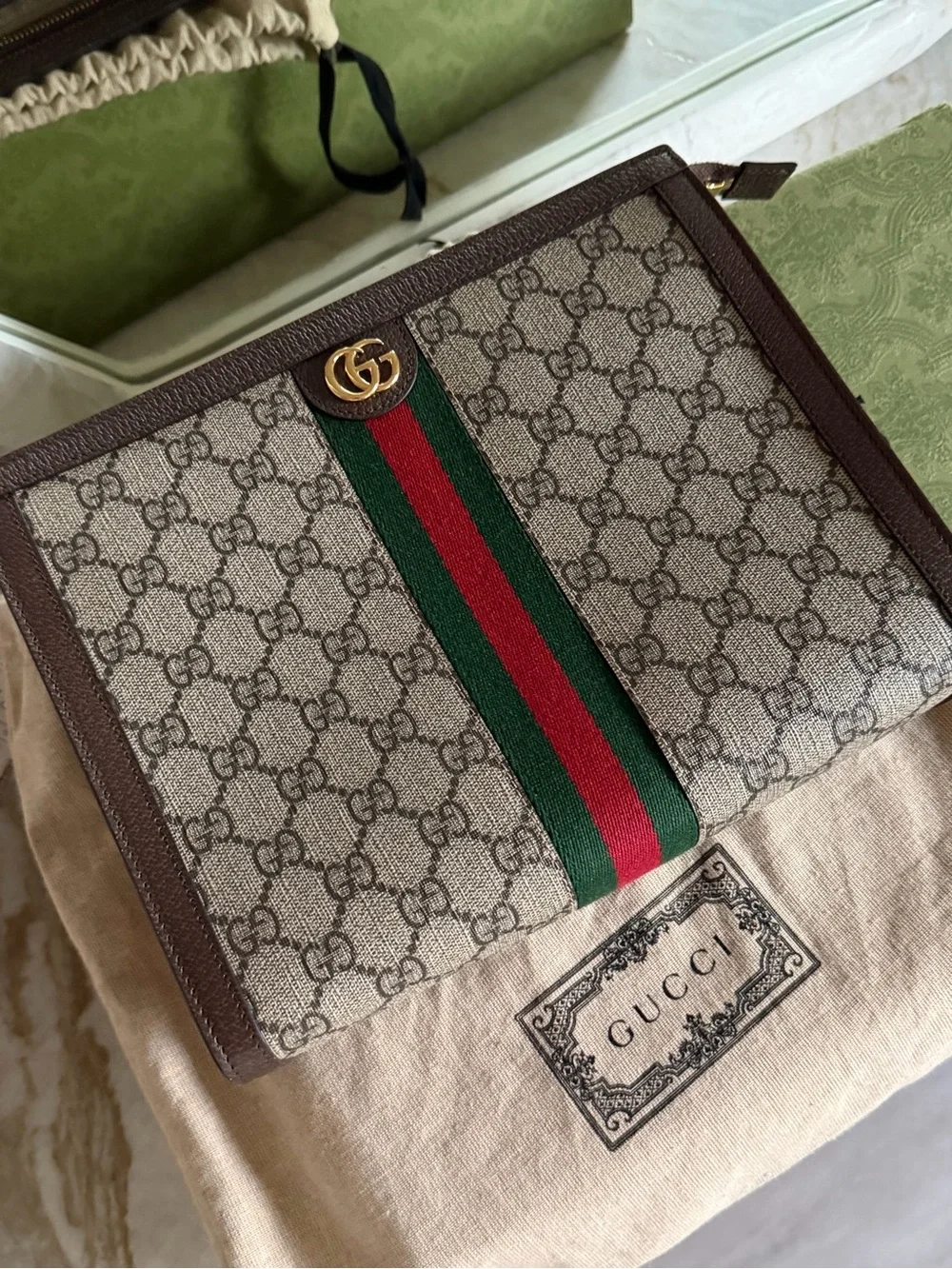 Gucci Brown GG Supreme Canvas Toiletry Bag with Green-Red Web